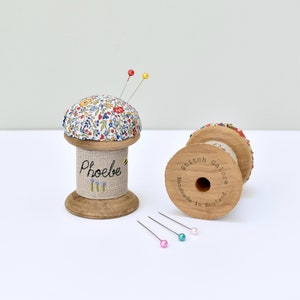 Personalised pin cushion, liberty fabric pin holder, wooden spool pincushion , cotton reel needle holder, personalized gift for sewer image 4