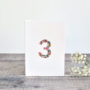 3rd Birthday card, age 3 card, card for 3 year old, age three card, age card, third wedding anniversary card, Liberty fabric card