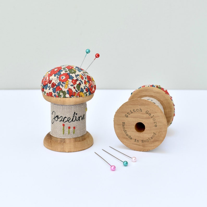 Personalised pin cushion, liberty fabric pin holder, wooden spool pincushion , cotton reel needle holder, personalized gift for sewer image 5