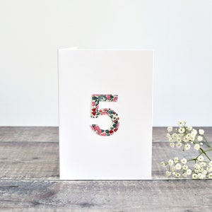 Carte de 5 ans, carte de 5 ans, carte de 5 ans, carte de cinq ans, carte d'âge, carte de cinquième anniversaire, carte de 5 ans, carte en tissu Liberty