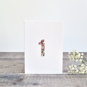 Carte 1er anniversaire, première carte d'anniversaire, carte pour enfant de 1 an, carte pour 1 an, carte pour un an, carte 1er anniversaire, carte en tissu Liberty