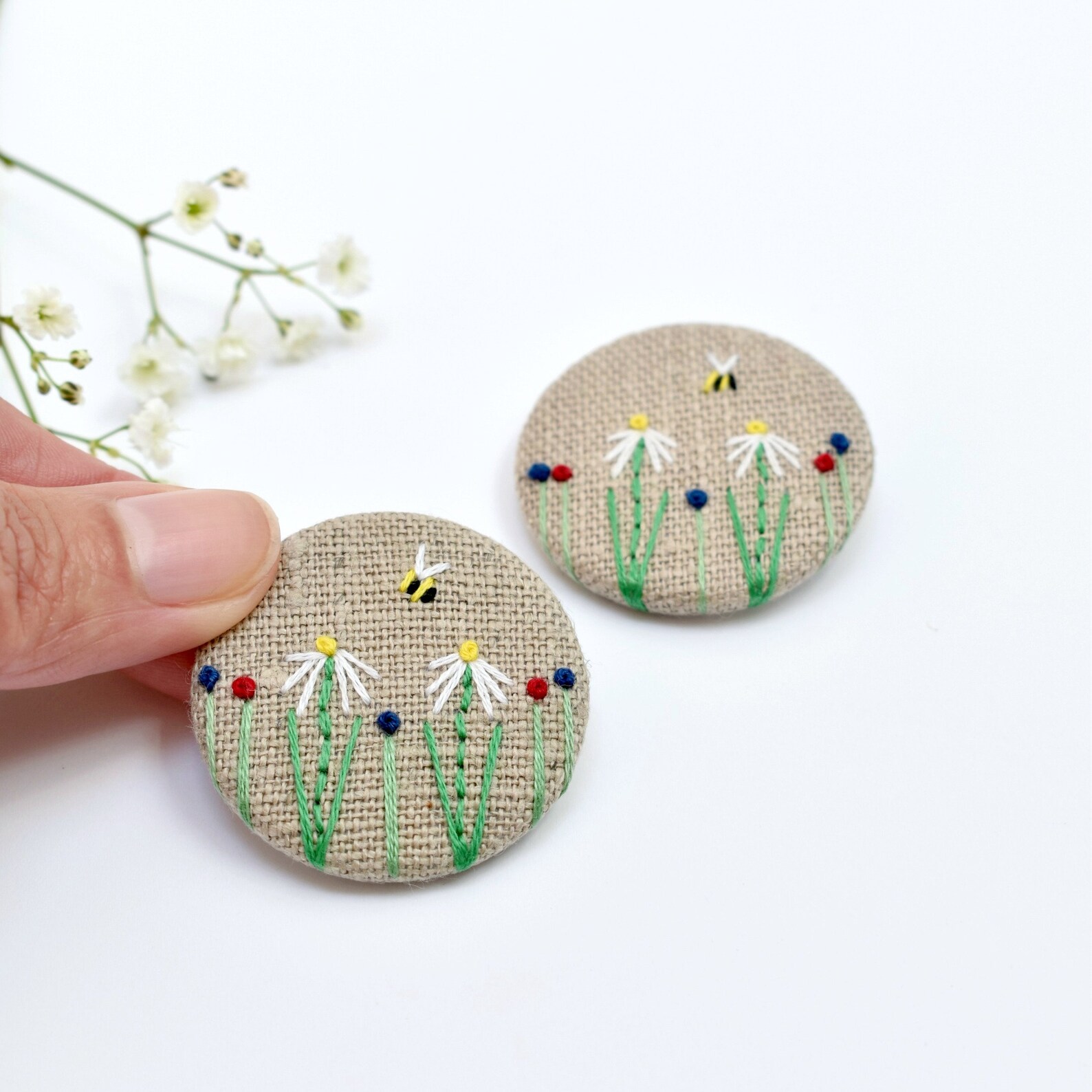 Embroidered Flower Pin Badge Natural Linen Fabric Hand Etsy