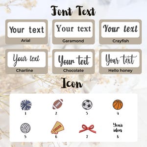 May include: Image showcasing font styles and icons. The top section displays text samples in Arial, Garamond, and Crayfish fonts. The bottom section features sports-themed icons, including a pom-pom, football, soccer ball, and basketball.