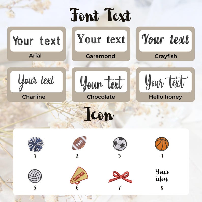 May include: Image showcasing font styles and icons. The top section displays text samples in Arial, Garamond, and Crayfish fonts. The bottom section features sports-themed icons, including a pom-pom, football, soccer ball, and basketball.