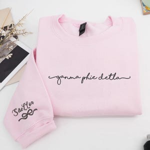 Peut inclure: Un sweat-shirt rose clair avec l'inscription "gamma phie detla" en écriture noire sur la poitrine. La manche gauche porte le texte "Sae'llor" avec un motif de nœud. Le sweat-shirt est plié proprement sur une surface blanche.
