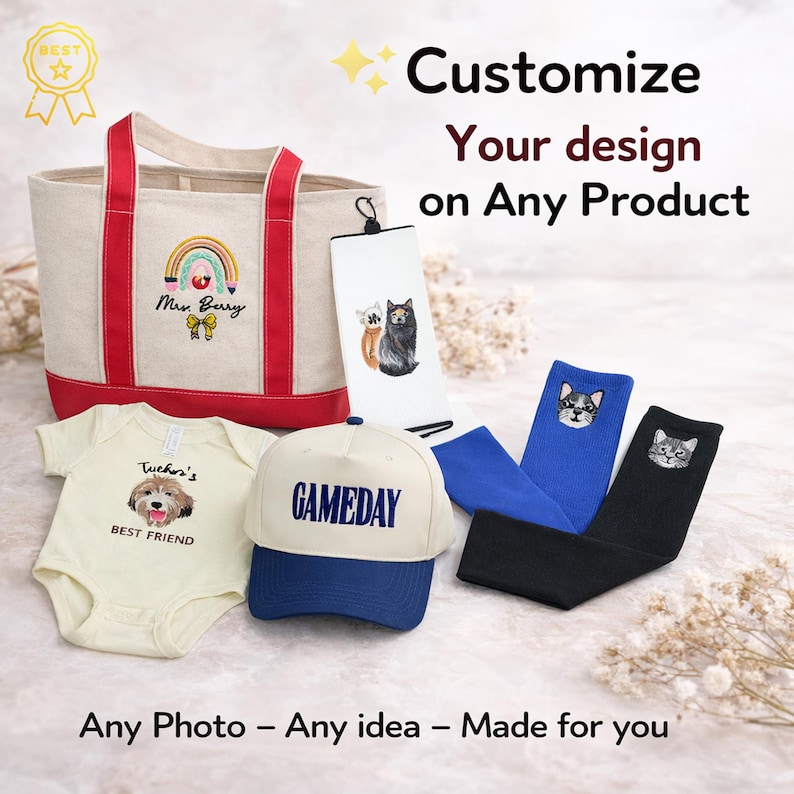 May include: A collection of custom products, including a tote bag, baby onesie, baseball cap, and socks. The tote bag has red handles and a rainbow design. The cap is white with a blue brim and the word "GAMEDAY". The socks feature cat and dog faces.
