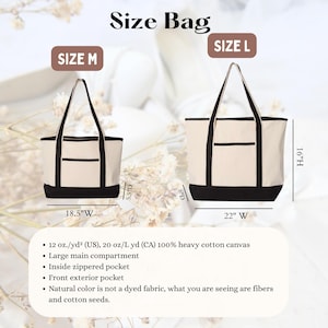 May include: Two canvas tote bags, labeled "Size M" and "Size L", with black bottoms and handles. The "Size L" bag is 22" wide and 16" high. The "Size M" bag is 18.5" wide. Both bags have a front pocket and a main compartment.