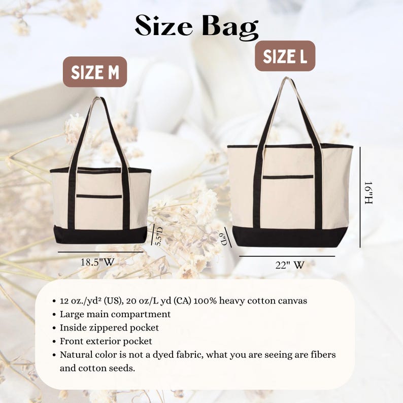 May include: Two canvas tote bags, labeled "Size M" and "Size L", with black bottoms and handles. The "Size L" bag is 22" wide and 16" high. The "Size M" bag is 18.5" wide. Both bags have a front pocket and a main compartment.