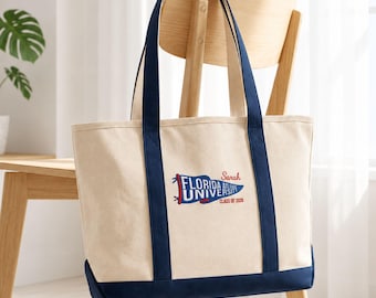 Bolsa tote bordada com flâmula universitária, bolsa personalizada para universidade, presente de volta às aulas para estudantes.