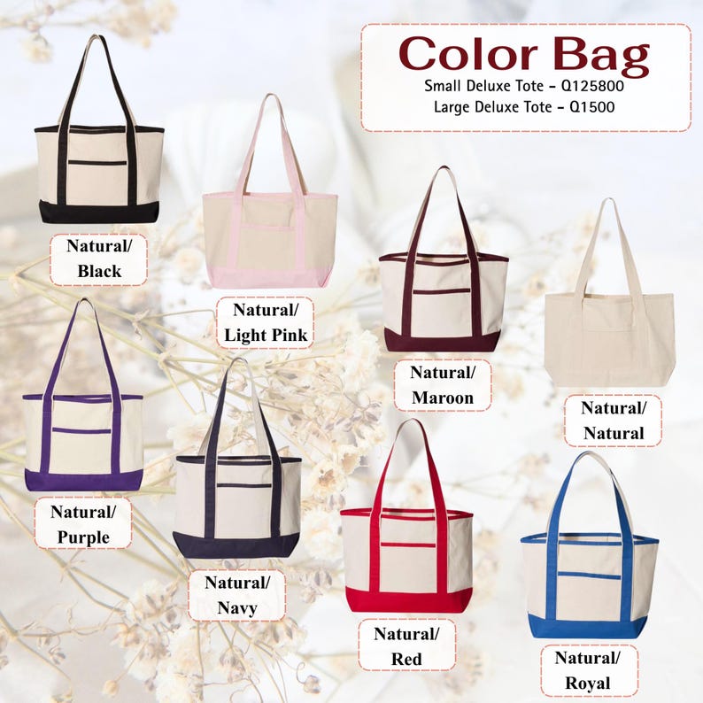May include: A collection of canvas tote bags in various colors, including black, light pink, maroon, natural, purple, navy, red, and royal blue. Each bag features a natural-colored body with colored accents and handles. The text "Color Bag" is displayed at the top.