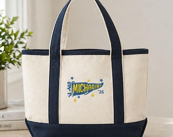 Bolsa de lona personalizada com flâmula universitária bordada, bolsa de lona para demonstrar espírito escolar, bolsa personalizada para time universitário, presente de formatura