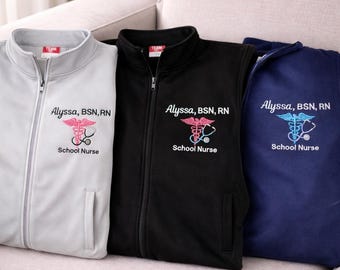 Jaqueta de enfermeira personalizada com bordado, zíper frontal completo personalizado para enfermeira registrada, uniforme de trabalho com símbolo médico