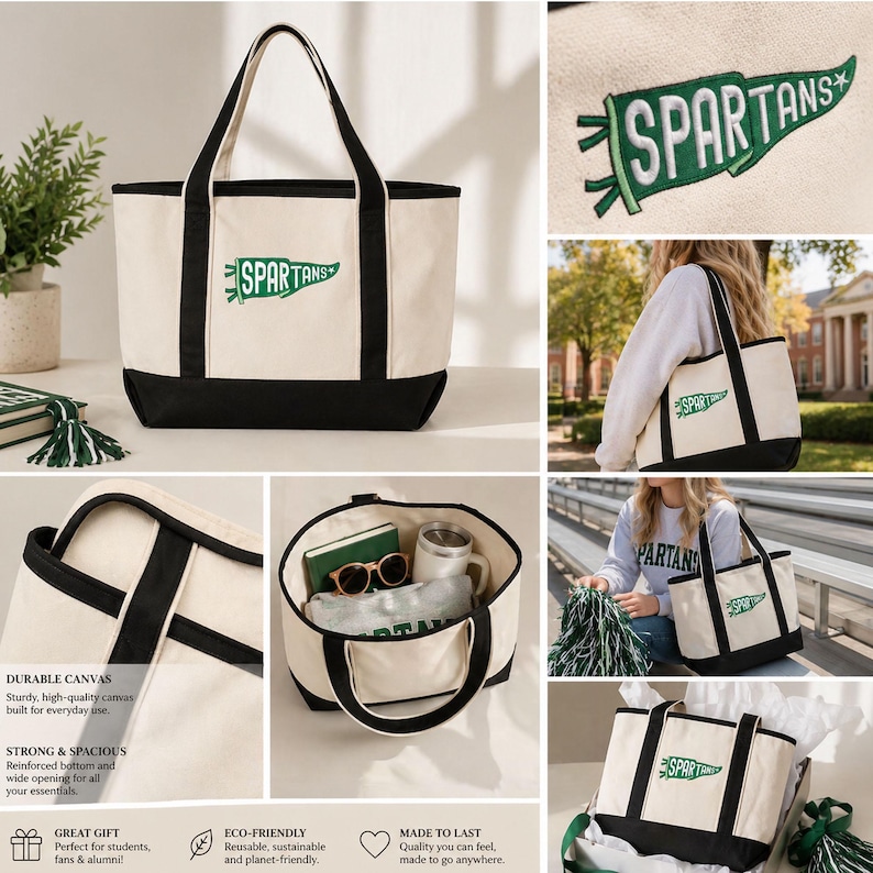 May include: Cream-colored canvas tote bag with black accents and the word "SPARTANS" on a green pennant. The bag has sturdy handles and a reinforced bottom. The bag is shown with various items inside, including sunglasses and a tumbler.