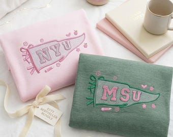 Moletom personalizado com flâmula universitária bordada - Roupa personalizada para equipes - Presente para a turma do último ano - Moletom com nome e bandeira da universidade