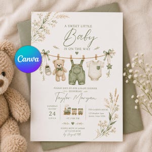 Convite para Chá de Bebê com Varal Verde Sálvia, Convite Unissex, Arquivo Editável para Impressão no Canva