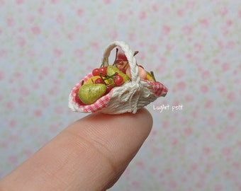 Tiny basket with fruits for dollhouse scale. 1:12 scale