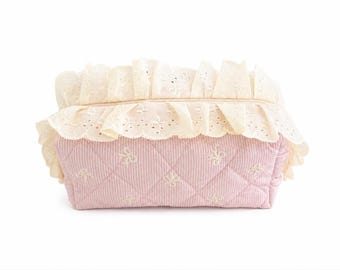 Custom Fabric & Embroidery Quilted Ruffle Toiletry Bag