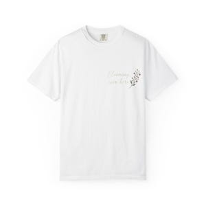 Blooming Even Here T-Shirt | Minimal Floral Script Pocket Design