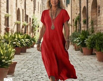 Katoenen midi-jurk met v-hals dames casual losse a-lijn boho zomerjurk