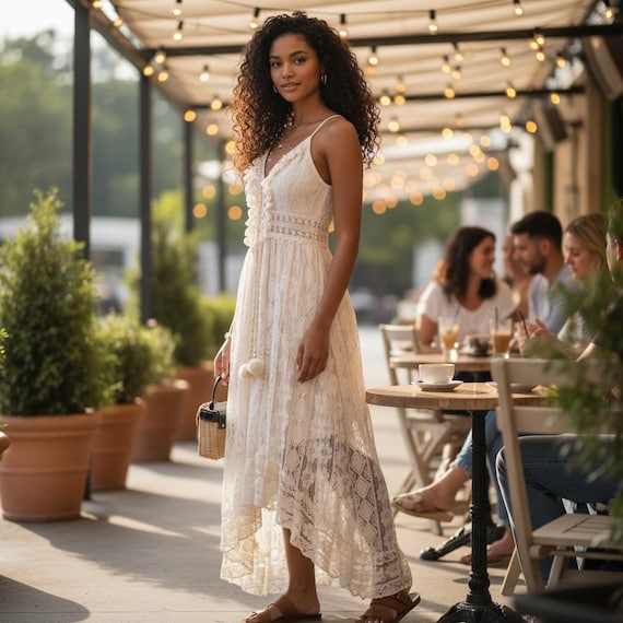 Boho Lace Midi Dress – Sleeveless Elegant V-Neck Summer Sundress