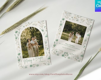 Cartolina di Natale con foto di famiglia e motivo floreale verde "Merry & Bright", cartolina di auguri con design botanico, modello Canva personalizzabile, download digitale.