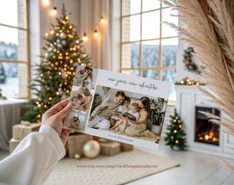 Nieuwjaar Nieuw avontuur aangepaste familiefotocollage kerstkaart, aangepaste gelukkige nieuwjaarskaart, kerstkaartsjabloon fotocollage