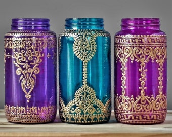 Hand Painted Moroccan Lantern Centerpiece, Bohemian Decor
