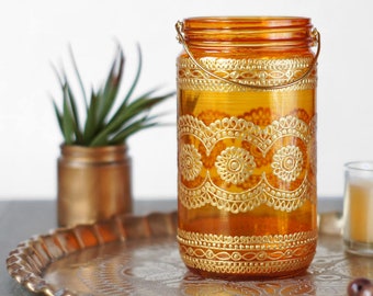 Wanderlust Bedside Table Candle Holder Bohemian Decor Mason Jar Lights Henna Candle Lantern Personalized Gift for Women Moroccan Lantern