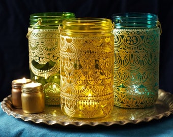 Mason Jar Lichter marokkanischen Dekor Votive Kerze Halter Hippie Dekor Mason Jar Lampe Henna Kerze Laterne marokkanische Laterne hängen Laterne