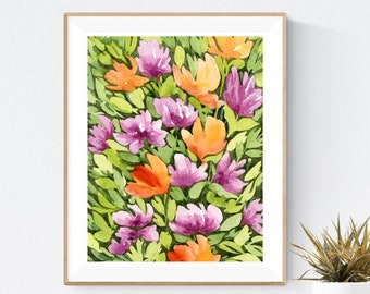 Abstract bloemenschilderij, losse aquarelprint, losse bloemenkunstprint