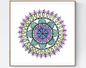 Mindfulness Gift Watercolor Mandala Wall Art, Sacred Geometry Art, Yoga Studio Decor