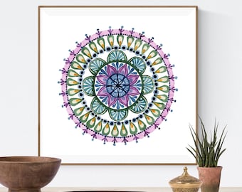 Mindfulness Gift Watercolor Mandala Wall Art, Sacred Geometry Art, Yoga Studio Decor