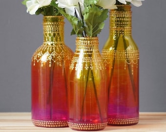 Bohemian Glass Vase Mehndi Henna Bud Vase Best Friend Gift Bohemian Bedroom Moroccan Decor Boho Decor Bohemian Decor Colored Glass Bottles