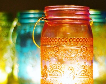 Mason Jar Lights Moroccan Lantern Henna Votive Candle Holder Boho Decor Candle Lantern Hanging Lantern Tealight Holder Outdoor Lighting