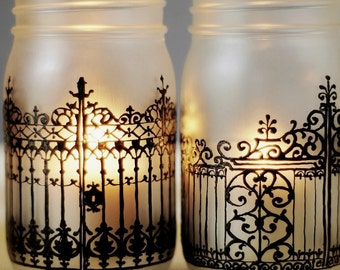 Gothic Mason Jar Candle Lantern Set - Hand Painted Centerpiece