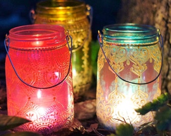 Moroccan Lanterns Henna Painted Mason Jars Mehndi Decor Tea Light Holder Housewarming Gift for Her Boho Decor Mason Jar Candle Holders