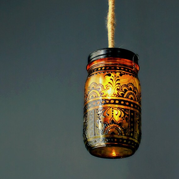 Items similar to Hanging Mason Jar Lantern, Blackened Henna Patterns