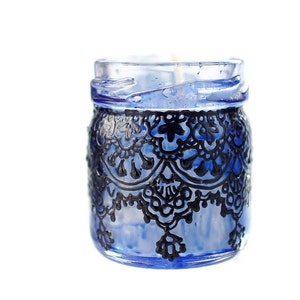 Gift Set of Three Moroccan Inspired Mini Jar Candles Blue Glass with Black Lace Detailing image 2