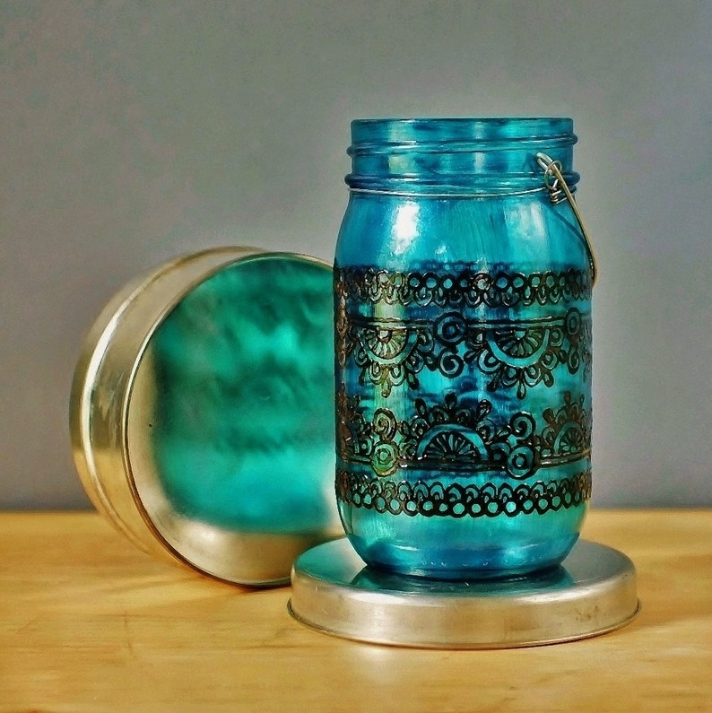 Boho Decor Mason Jar Centerpieces Candle Lantern Centerpiece Console Table Mason Jar Decor Bohemian Decor Glass Vase Tea Light Holder image 2