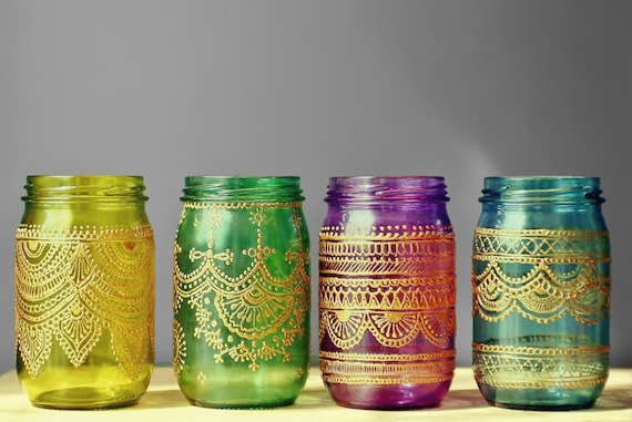 Personalized Hand Painted Mason Jar Centerpiece - Bohemian Candle Lantern