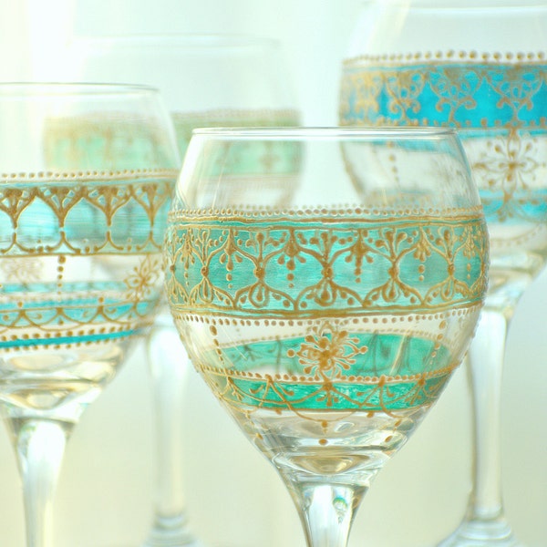 Four Handpainted, Moroccan Inspired Wine Glasses with Green Glass Details and Golden Accents