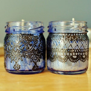 Gift Set of Three Moroccan Inspired Mini Jar Candles Blue Glass with Black Lace Detailing image 3