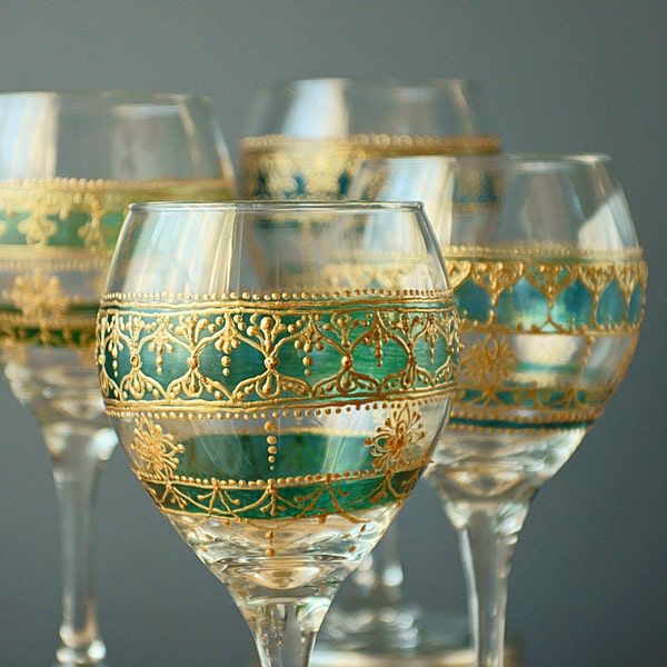 Four Handpainted, Moroccan Inspired Wine Glasses with Green Glass Details and Golden Accents