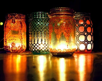 Boho Hanging Lantern, Brilliant Light Aqua Mason Jar Candle Holder with Moroccan Styled Copper Detailing