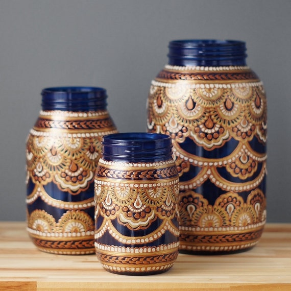 Mason Jar Decor Three Bohemian Style Mason Jars Cobalt Blue Etsy