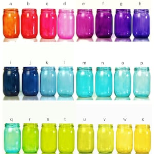 May include: A set of 24 glass jars in various colors, including orange, red, pink, purple, blue, turquoise, green, and yellow. The jars are arranged in three rows of eight jars each.