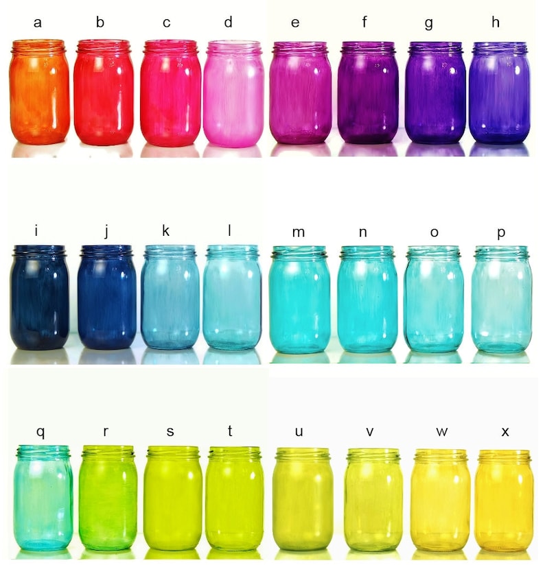 May include: A set of 24 glass jars in various colors, including orange, red, pink, purple, blue, turquoise, green, and yellow. The jars are arranged in three rows of eight jars each.
