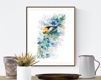 Broadbill Bird Watercolor Print, Floral Bird Painting, Giclee Print