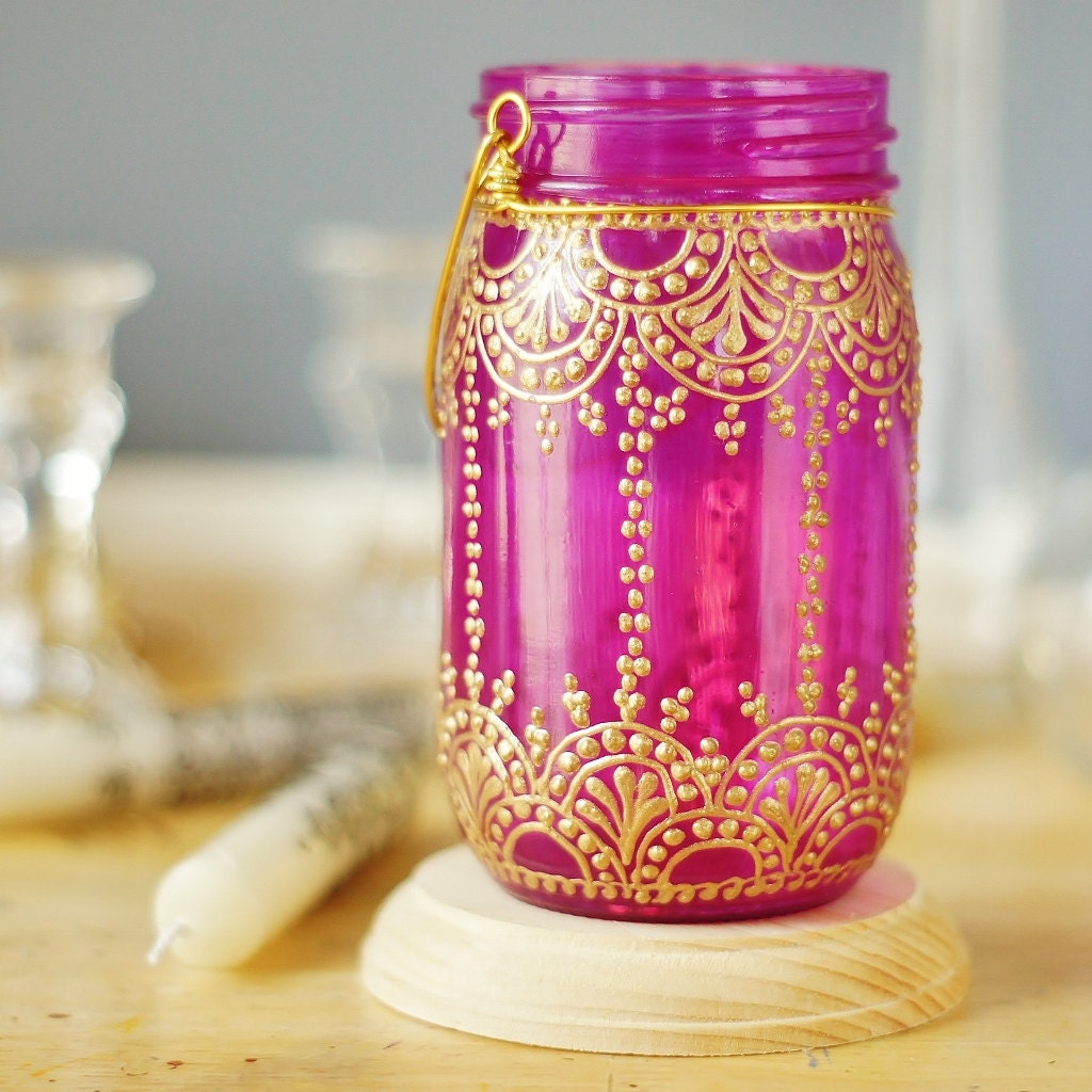 Boho Decor Henna End Table Candle Lantern Centerpiece Mason Jar Votive Holder Boho Tealight Shabby C