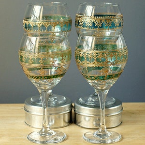 Four Handpainted, Moroccan Inspired Wine Glasses with Green Glass Details and Golden Accents image 5